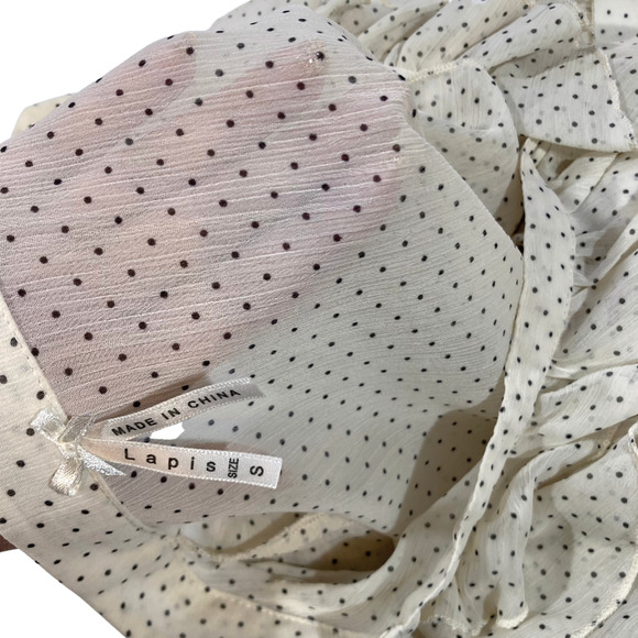 Lapis SMALL Blouse Sheer Ruffled Cream w/ Black Polkadot Button Up Shirt Top - Picture 6 of 6